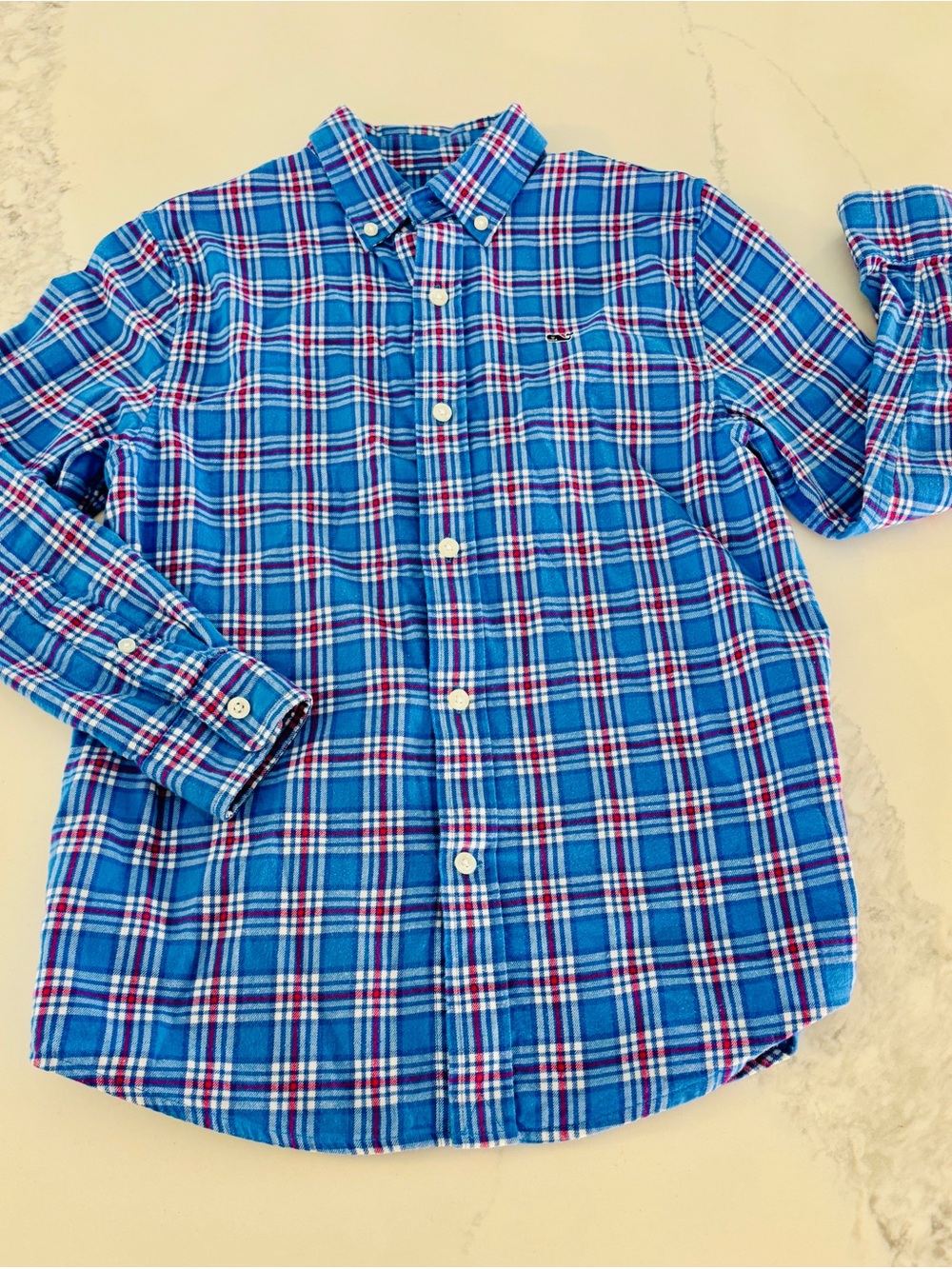 Vineyard Vines Whale Shirt Blue Plaid Button-Down Boys  S (8-10)